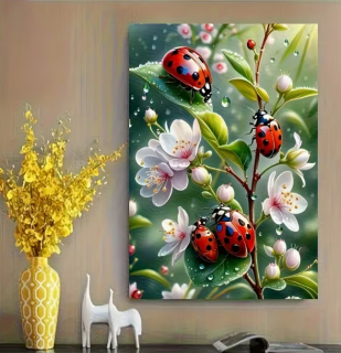 Preview: Diamond Painting Blumen mit Marienkäfern